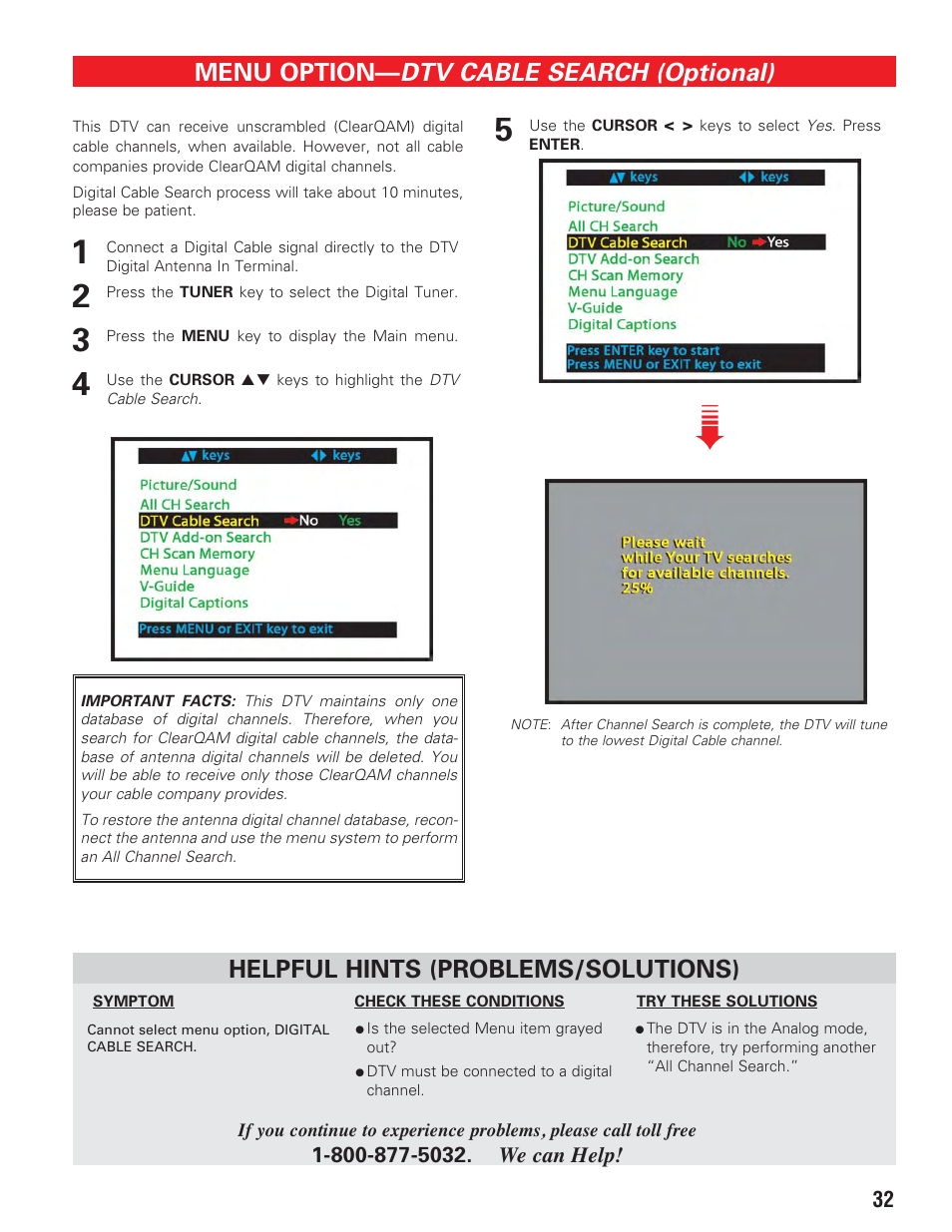 Dtv cable search, Dtv cable search (optional), Menu option | Helpful hints (problems/solutions) | Sanyo HT27547 User Manual | Page 32 / 45