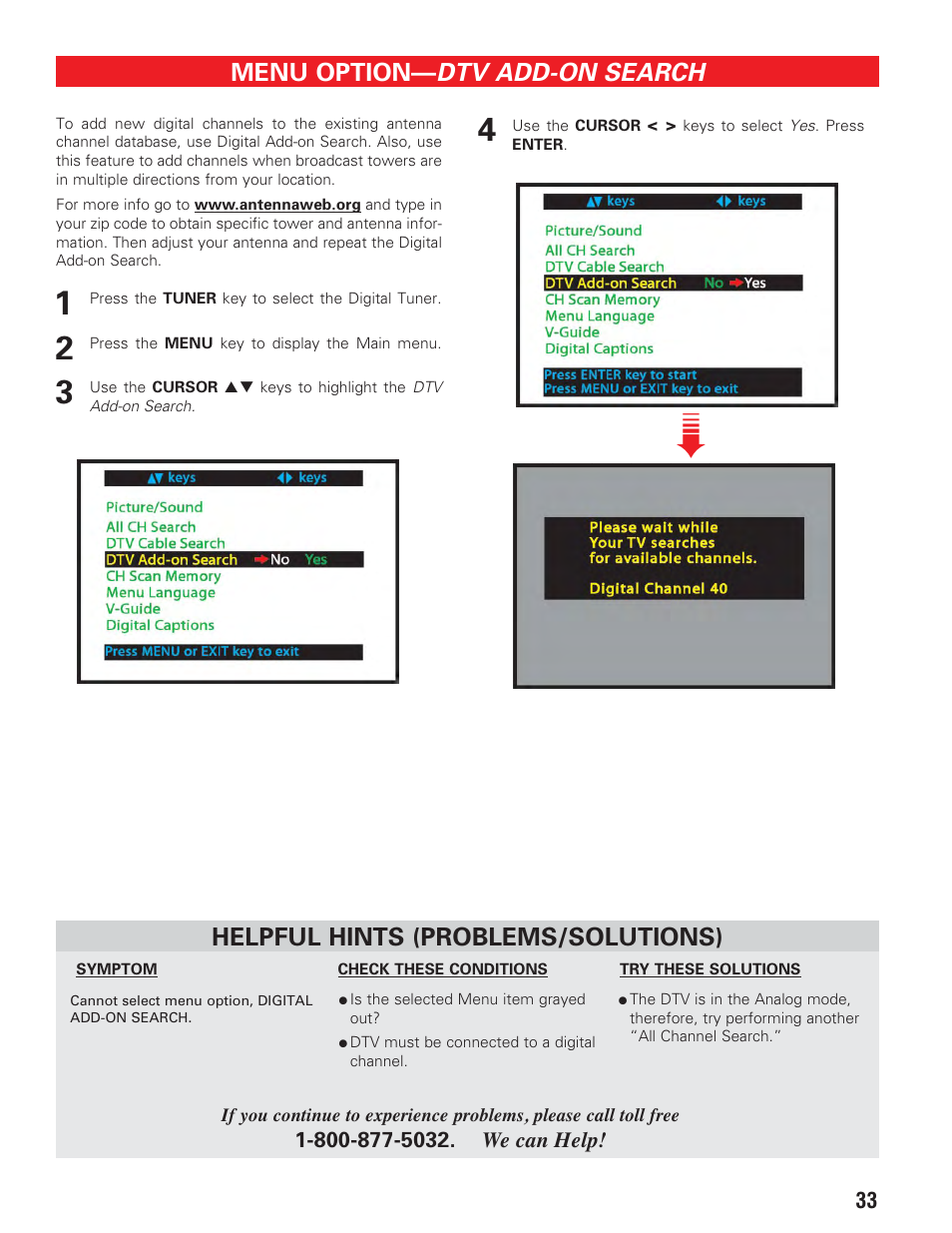 Dtv add-on search, Menu option, Helpful hints (problems/solutions) | Sanyo HT27547 User Manual | Page 33 / 45