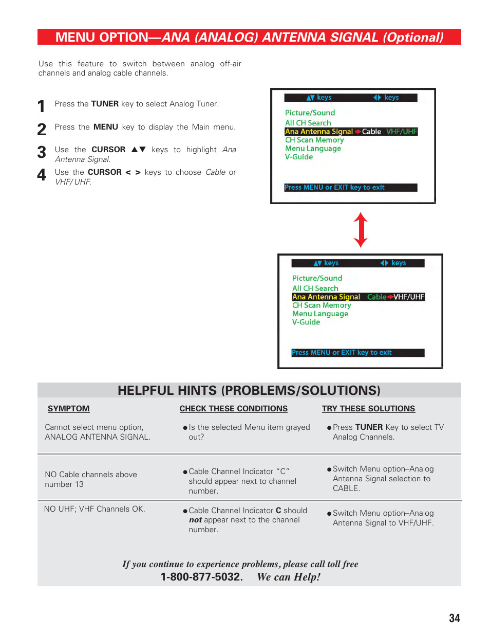 Ana (analog) antenna signal, Ana (analog) antenna signal (optional), Menu option | Helpful hints (problems/solutions) | Sanyo HT27547 User Manual | Page 34 / 45