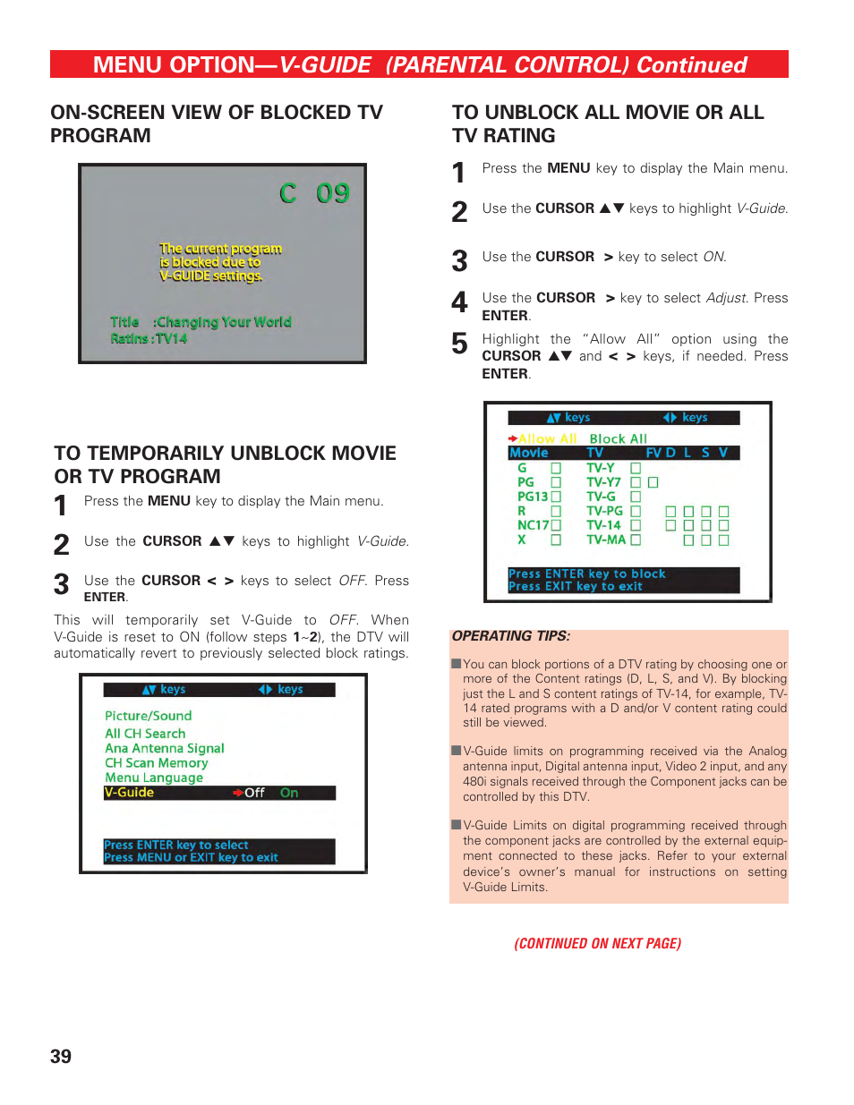 On-screen view of blocked tv program, How to temporarily unblock movie/tv program, How to unblock all movie/tv ratings | V-guide (parental control) continued, Menu option | Sanyo HT27547 User Manual | Page 39 / 45