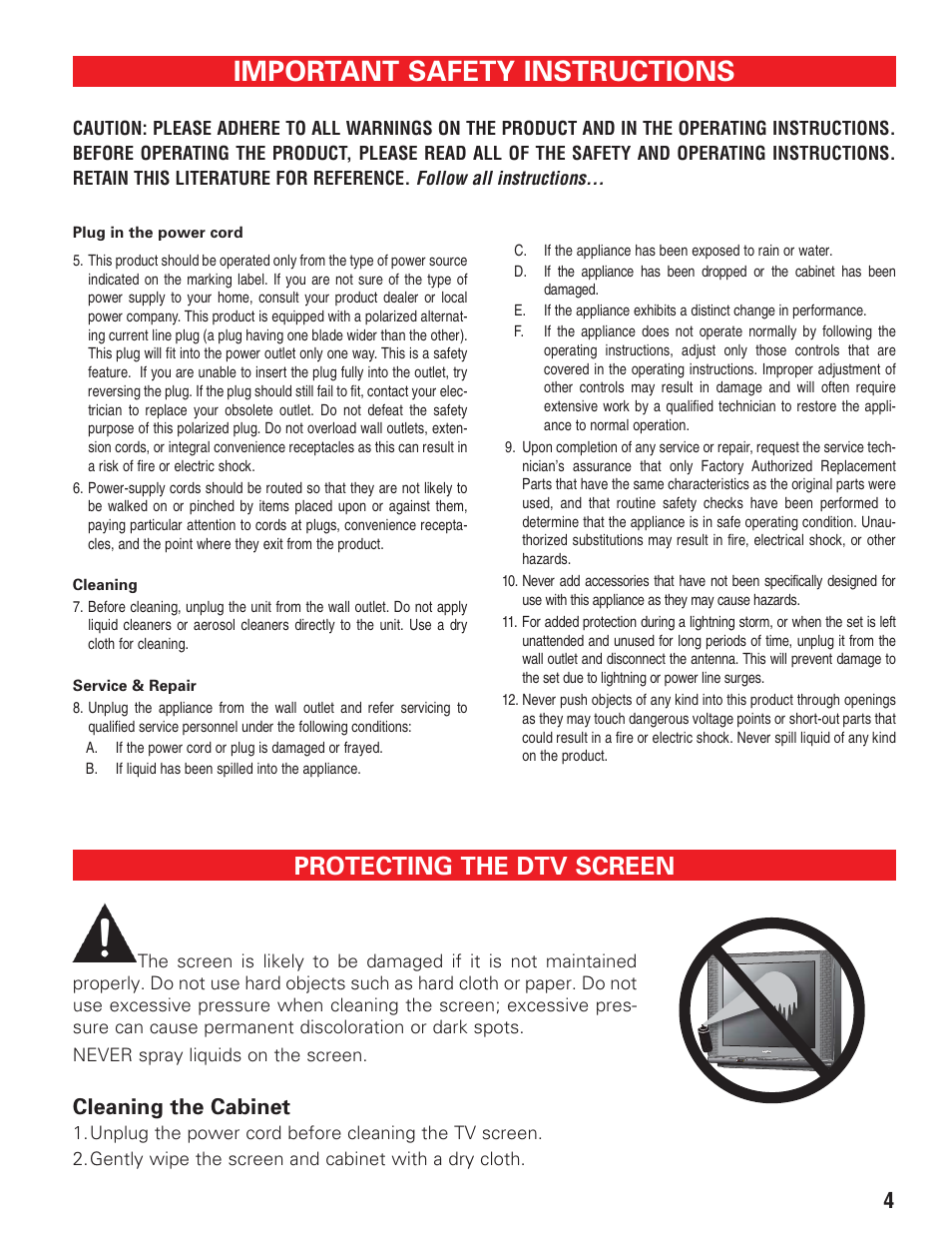 Safety tips (2), Protecting the tv screen, Important safety instructions | Protecting the dtv screen, Cleaning the cabinet | Sanyo HT27547 User Manual | Page 4 / 45
