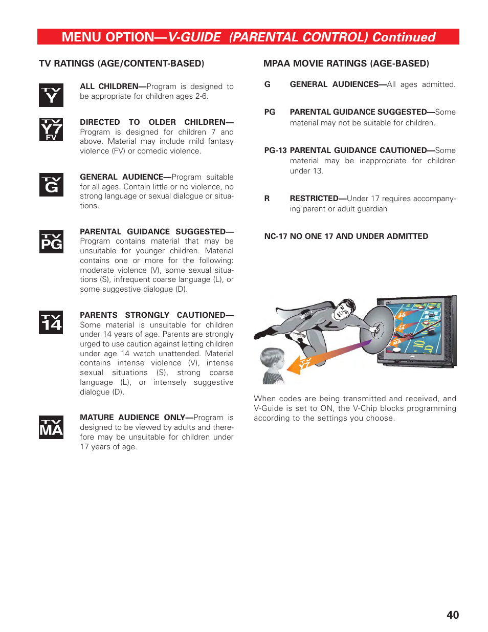 Tv ratings (icon) / movie ratings (symbols), V-guide (parental control) continued, Menu option | Sanyo HT27547 User Manual | Page 40 / 45