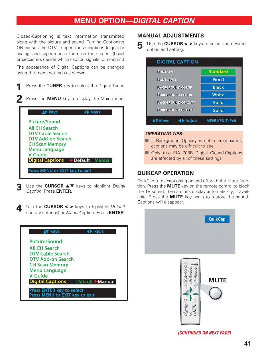 Digital caption, Menu option | Sanyo HT27547 User Manual | Page 41 / 45