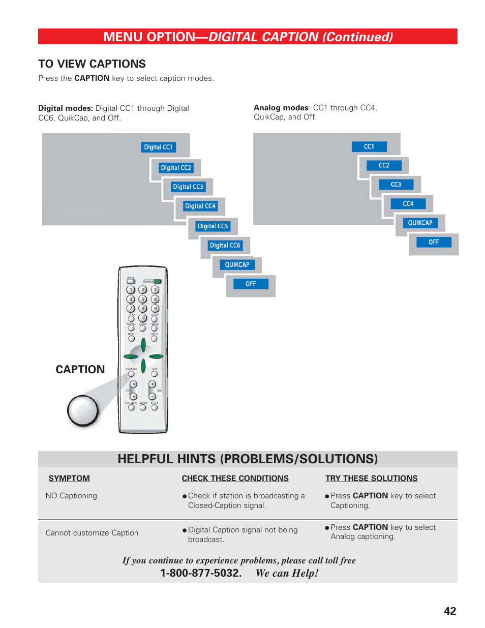 How to view captions, Digital caption (continued), Menu option | Helpful hints (problems/solutions), Caption | Sanyo HT27547 User Manual | Page 42 / 45
