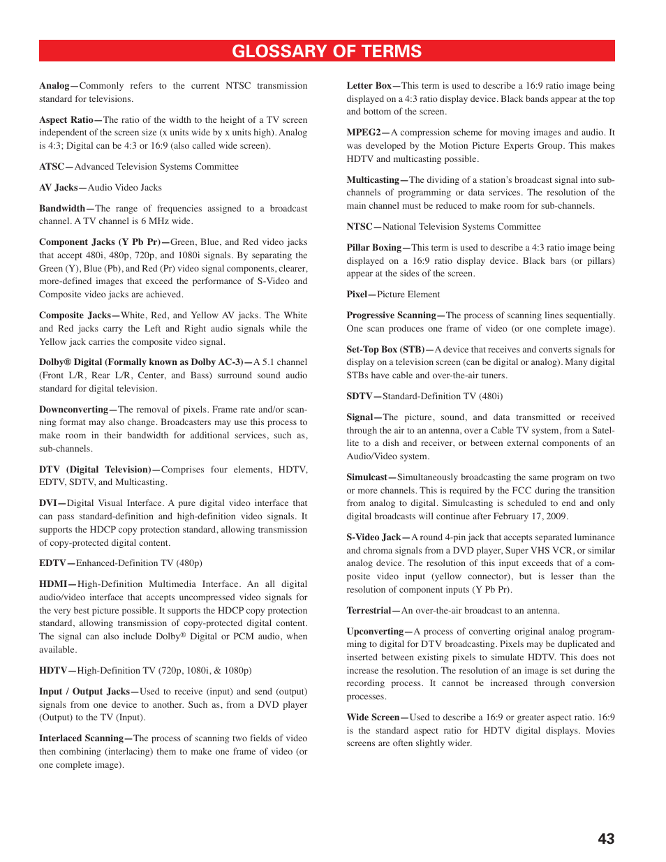 Glossary of terms | Sanyo HT27547 User Manual | Page 43 / 45