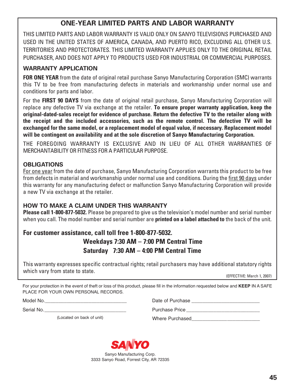 Warranty | Sanyo HT27547 User Manual | Page 45 / 45