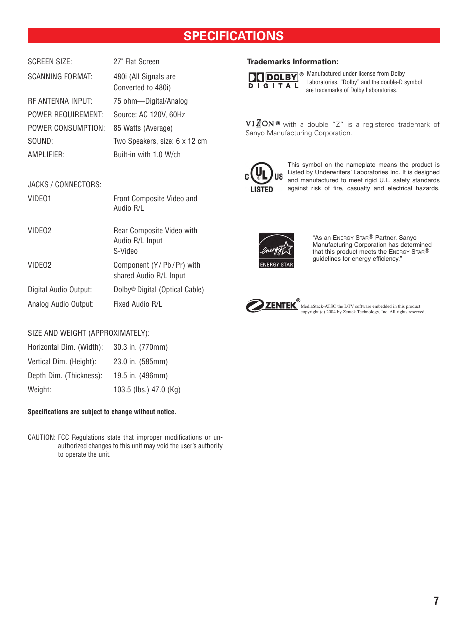 Specifications | Sanyo HT27547 User Manual | Page 7 / 45