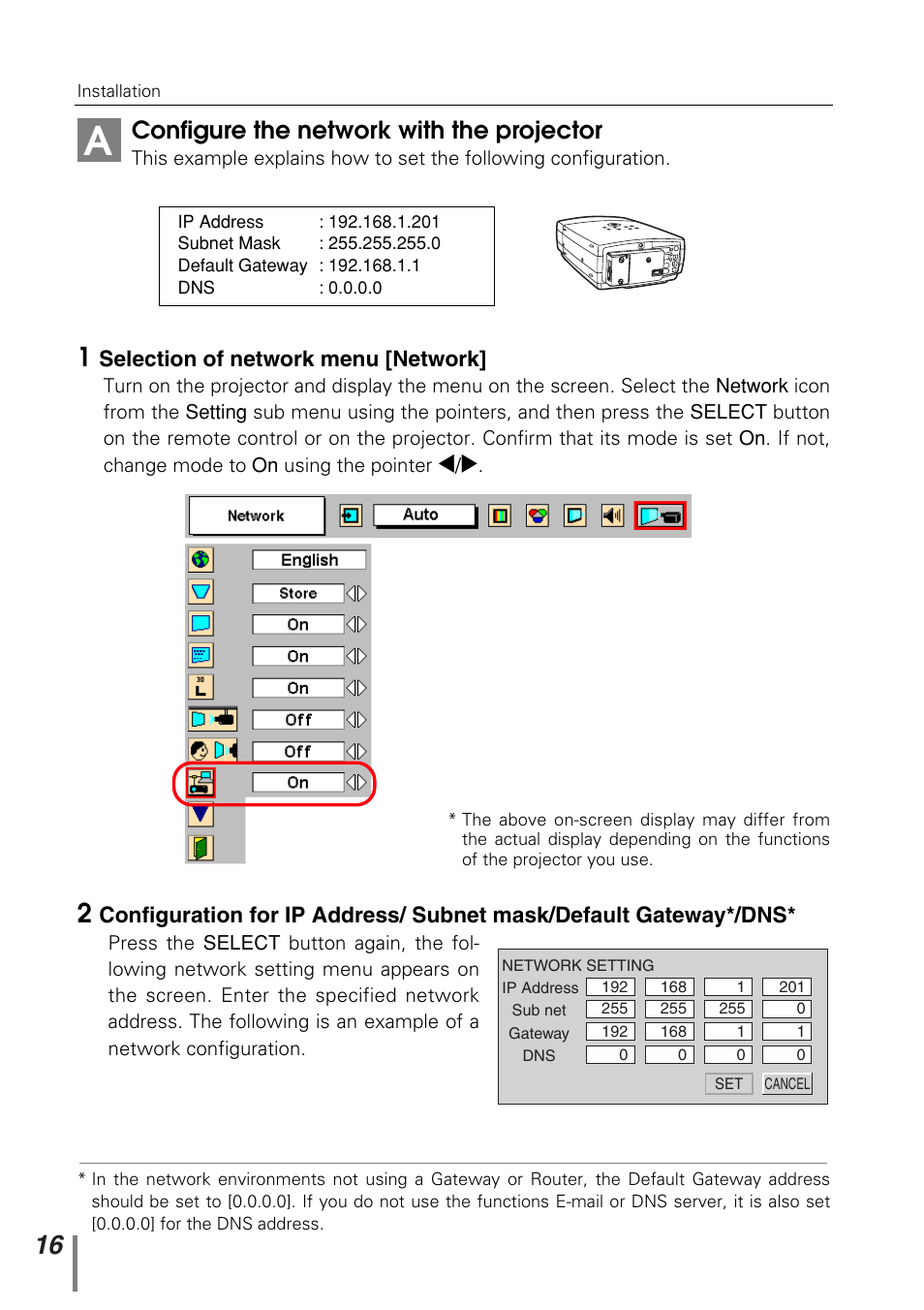 Configure the network with the projector, Selection of network menu [network | Sanyo POA-PN10 User Manual | Page 16 / 90
