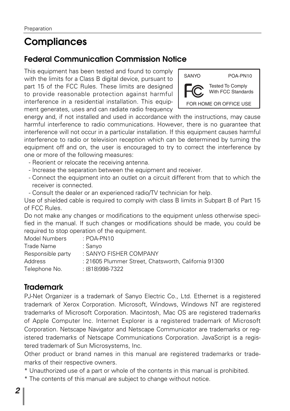 Preparations, Compliances, Federal communication commission notice | Trademark | Sanyo POA-PN10 User Manual | Page 2 / 90