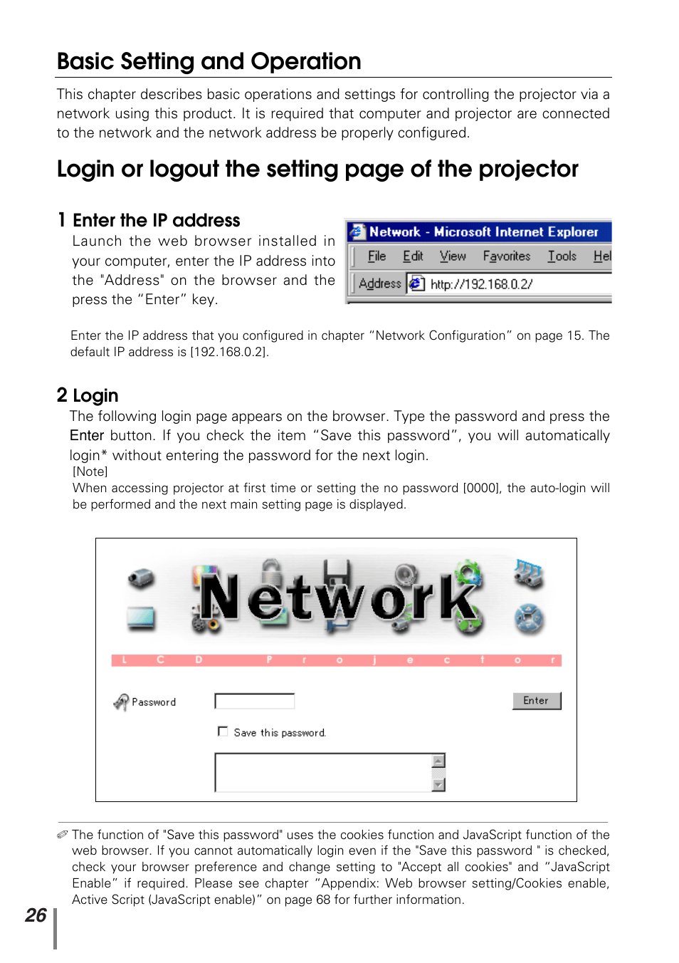 Basic setting and operation, Login or logout the setting page of the projector | Sanyo POA-PN10 User Manual | Page 26 / 90