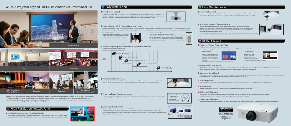 Easy maintenance useful feature, Easy installation, High resolution wuxga panel | Wuxga, Plc-zm5000l, Lens center layout, Active maintenance filter, System, Auto input signal search 10-watt speakers, Easier replacement | Sanyo WUXGA PLC-ZM5000L User Manual | Page 2 / 2