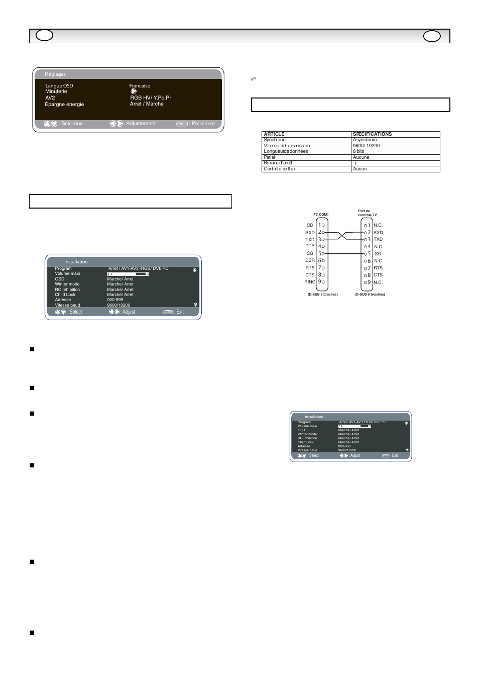 Fonctionnement du pc, Réglages du rs232c, Installation | Sanyo CE42LM5WPR User Manual | Page 20 / 68