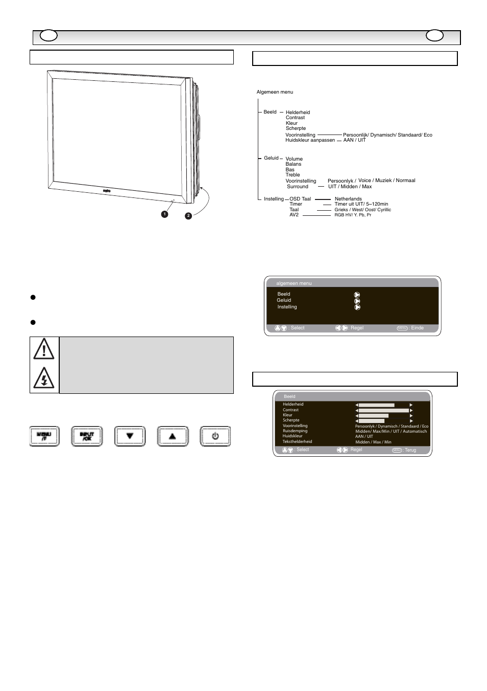 Inst, Inst alla alla tie tie, Bedieningsknoppen en menu’s | Beeldmenu, Menuwerking, Invoer/ ok knop, E d knoppen, 4knop | Sanyo CE42LM5WPR User Manual | Page 38 / 68