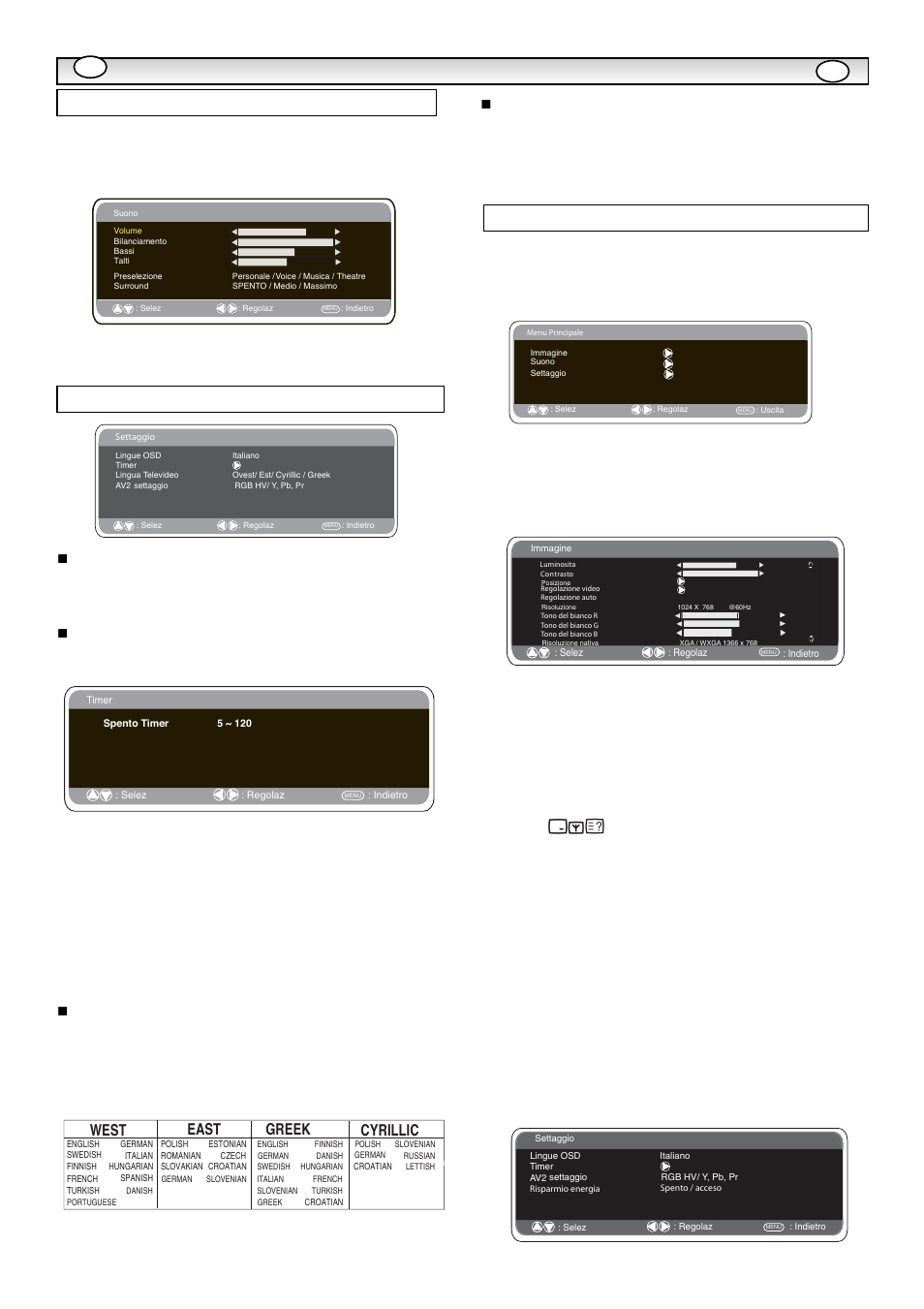 Funzionament, Menu settaggio, Impostazioni menu pc | Menu suono, Ts e w, Ts a e | Sanyo CE42LM5WPR User Manual | Page 49 / 68