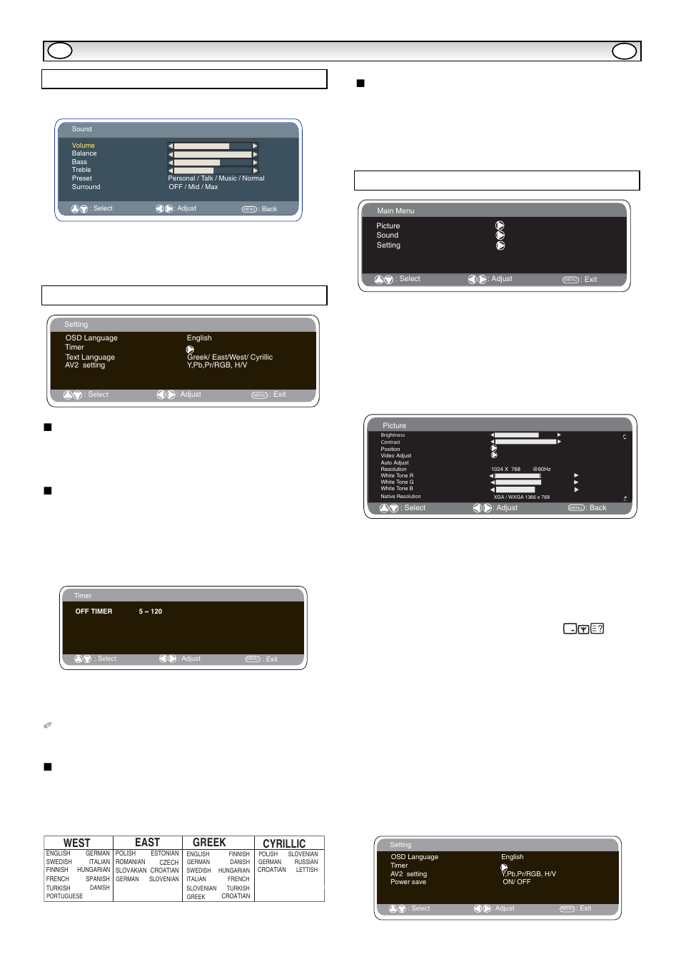 Menu opera, Menu opera tion tion, Setting menu | Pc menu settings, Sound menu, Osd language, Off-timer setting, Text language, Av2 setting, Ts e w | Sanyo CE42LM5WPR User Manual | Page 8 / 68