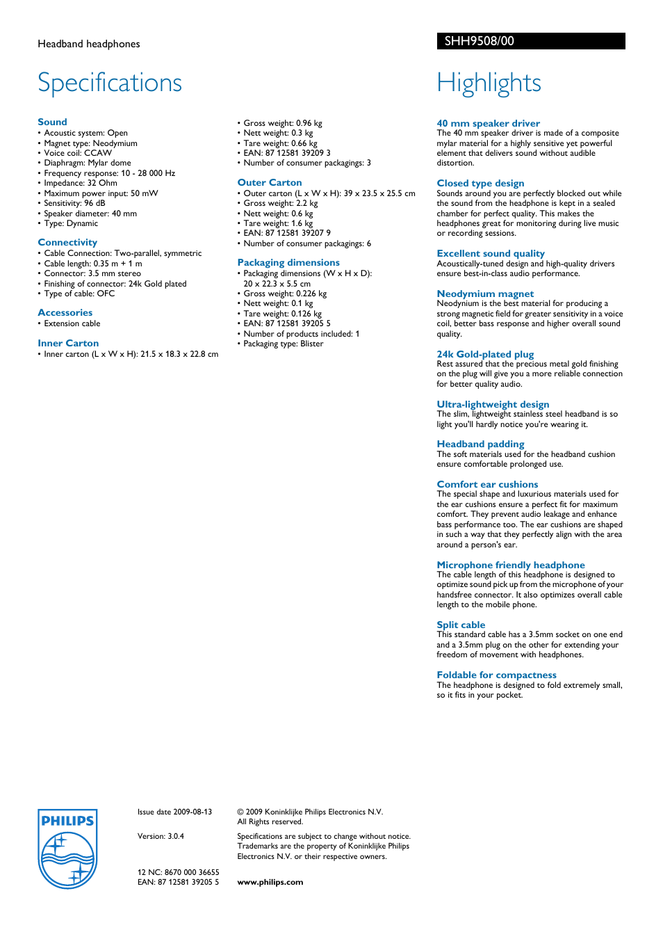 Specifications, Highlights | Sanyo SHH9508 User Manual | Page 2 / 2