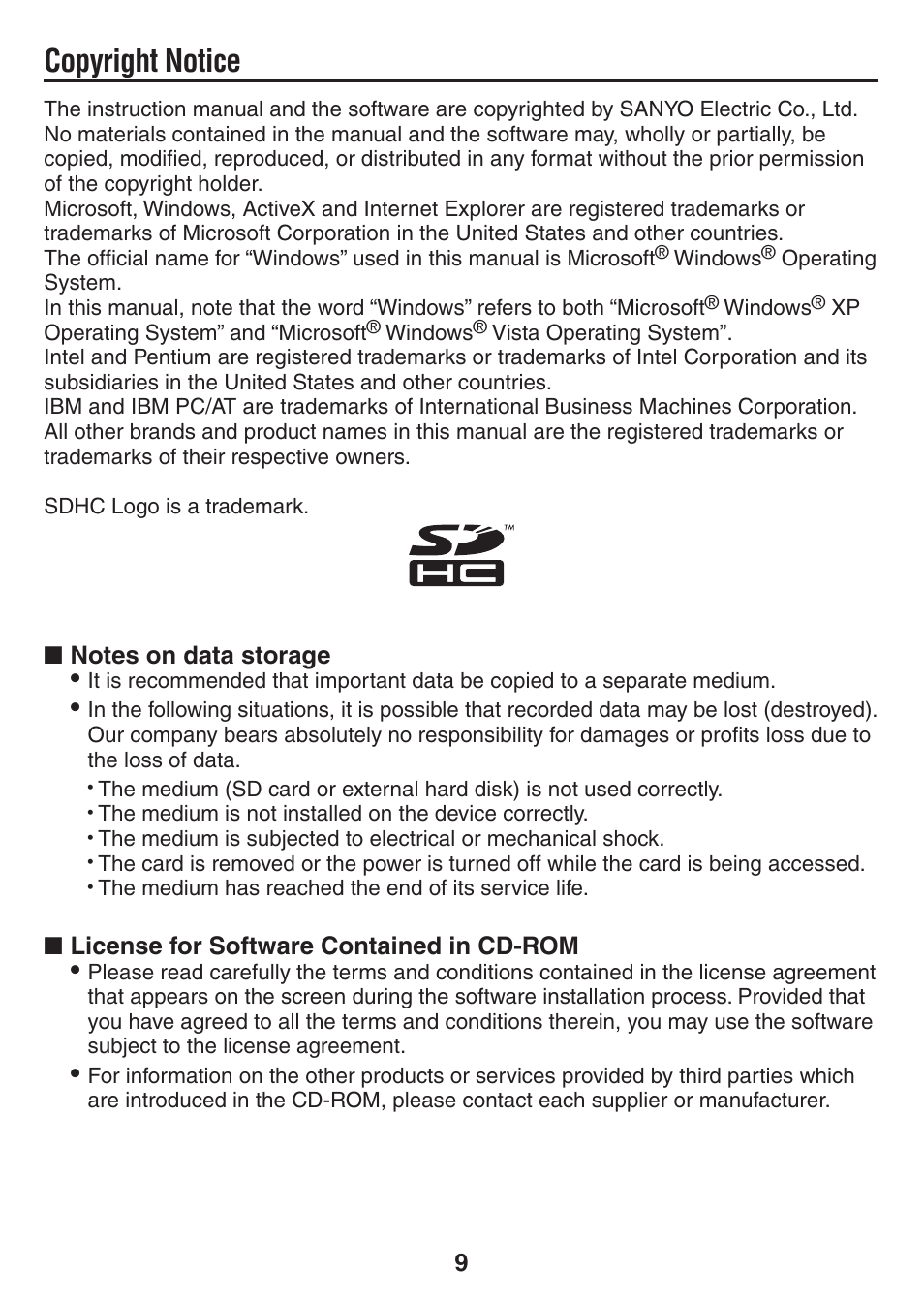 Copyright notice | Sanyo VDC-HD3500P User Manual | Page 10 / 10