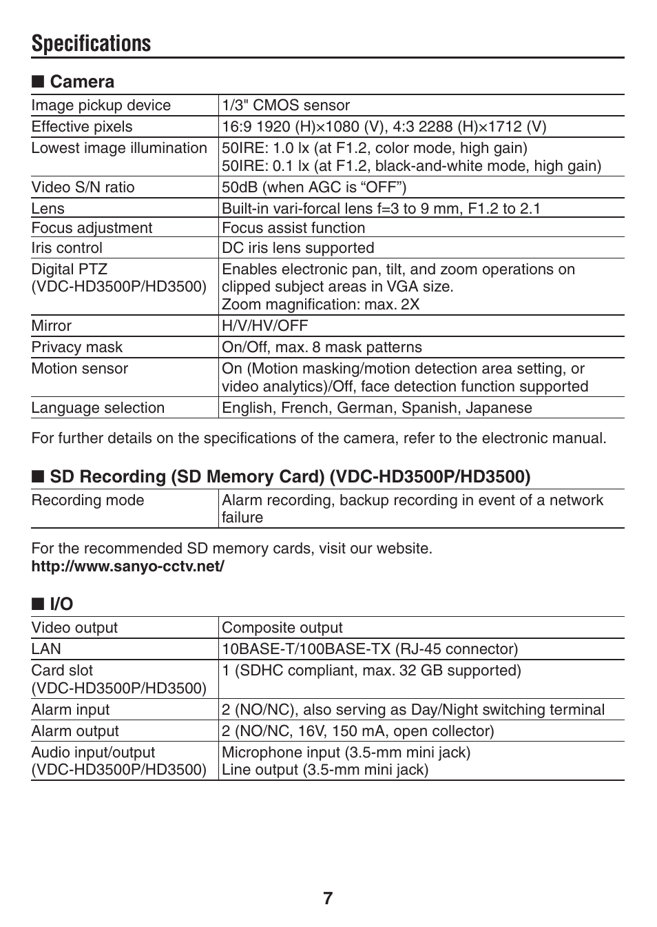 Specifications | Sanyo VDC-HD3500P User Manual | Page 8 / 10