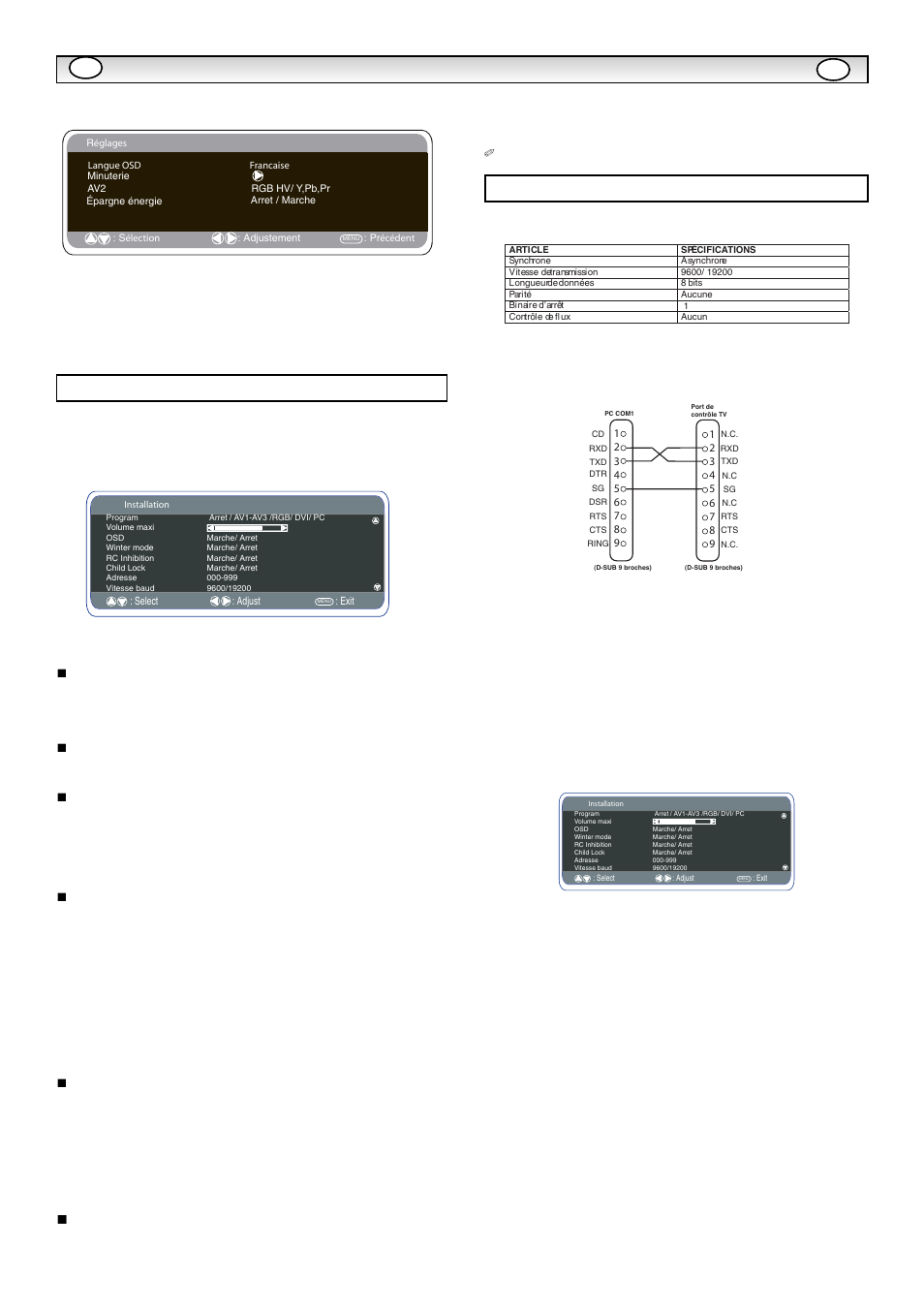 Fonctionnement du pc, Réglages du rs232c, Installation | Sanyo CE32LM5R User Manual | Page 20 / 68