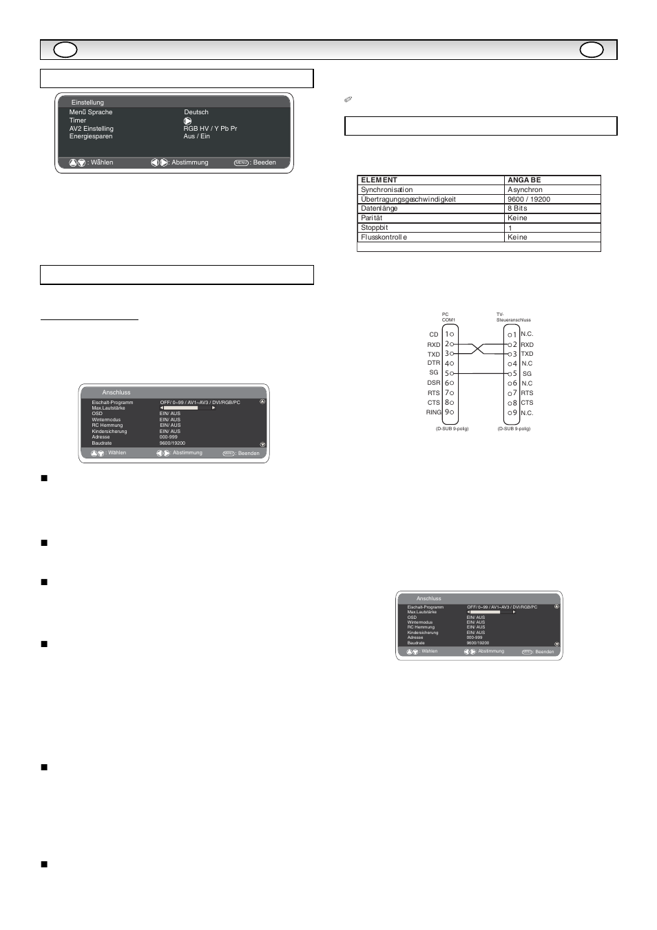 Rs232c betrieb/anschlussmenü, Anschlussmenü, Einstellungen pc-menü einstellungen rs232c | Einschalt-programm, Max lautstärke, Wintermodus | Sanyo CE32LM5R User Manual | Page 30 / 68