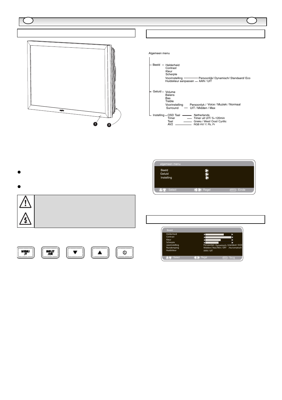 Inst, Inst alla alla tie tie, Bedieningsknoppen en menu’s | Beeldmenu, Menuwerking, Invoer/ ok knop, E d knoppen, 4knop | Sanyo CE32LM5R User Manual | Page 38 / 68