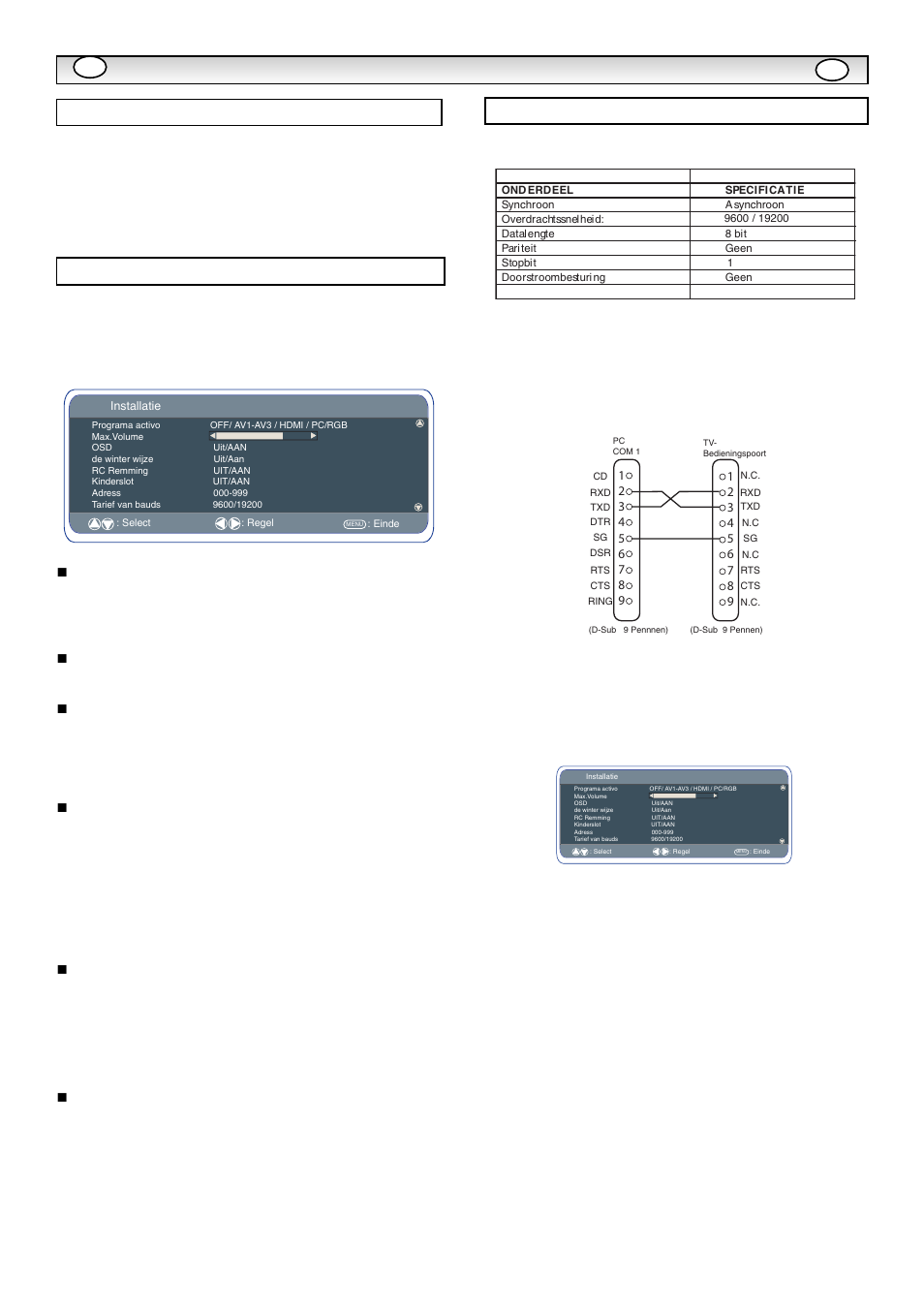 Bestruring via pc, Installatiemenu, Menu-instellingen pc instellingen rs232c | Sanyo CE32LM5R User Manual | Page 40 / 68