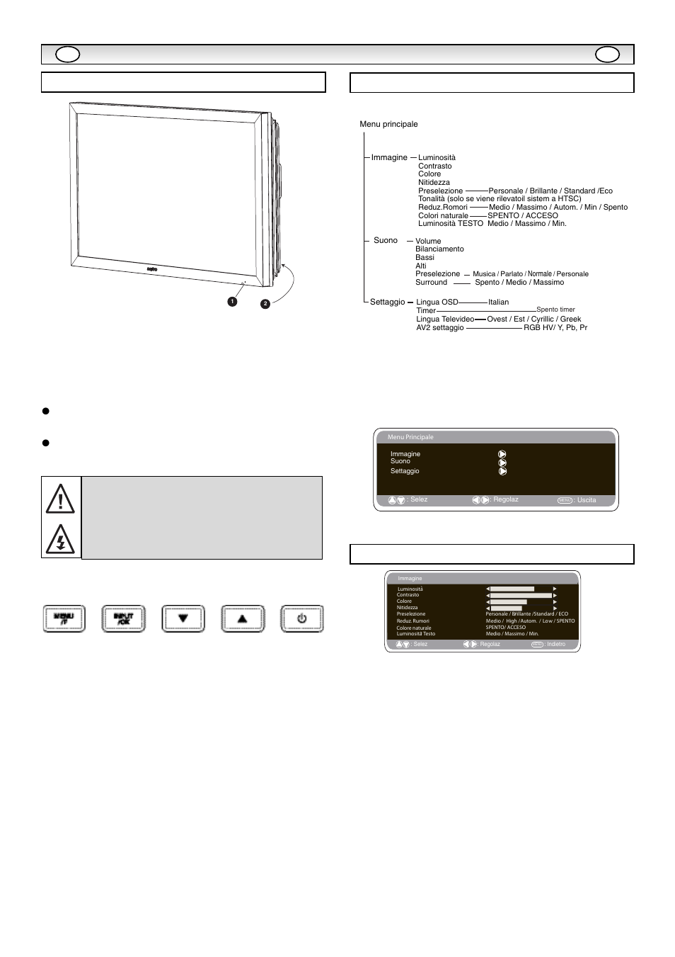 Inst, Inst allazione allazione, Comandi / terminali menu imagine | Funzionamento del menu, Tasto input/ok, Pulsanti e d, Pulsante 4 | Sanyo CE32LM5R User Manual | Page 48 / 68