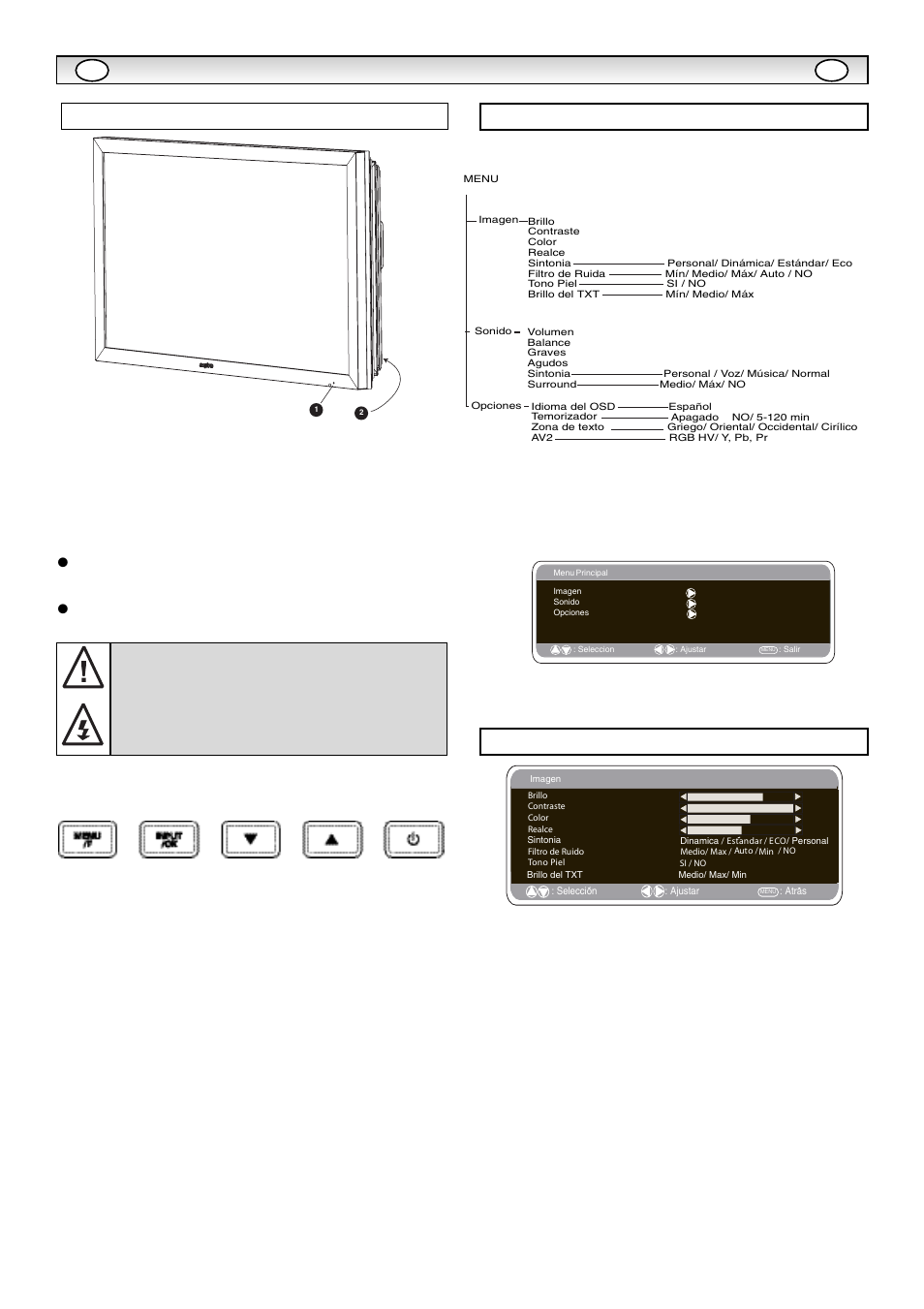 Inst, Inst alación alación, Controles y menús | Menú de imagen, Funcionamiento del men ъ ъ, Botón menú/f, Botón input/ok, Botones e d, Botón 4 | Sanyo CE32LM5R User Manual | Page 58 / 68