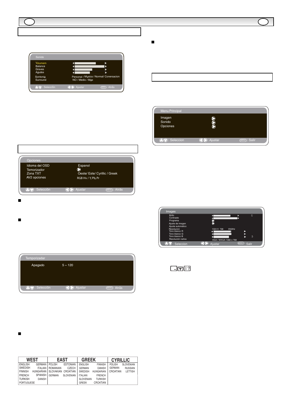 Funcionamient, Funcionamient o del o del menú menú, Menú de configuracion | Ajustes del menú del pc, Menú de sonido, Ts e w, Ts a e | Sanyo CE32LM5R User Manual | Page 59 / 68