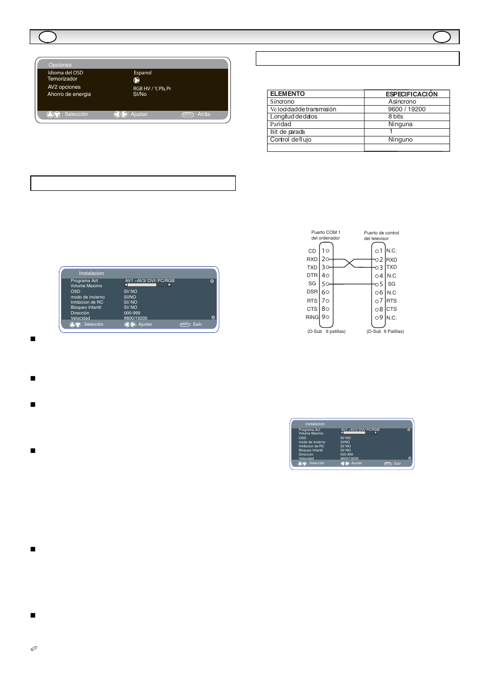 Funcionamient, Funcionamient o del o del pc pc, Menú de instalación | Ajustes del rs232c | Sanyo CE32LM5R User Manual | Page 60 / 68