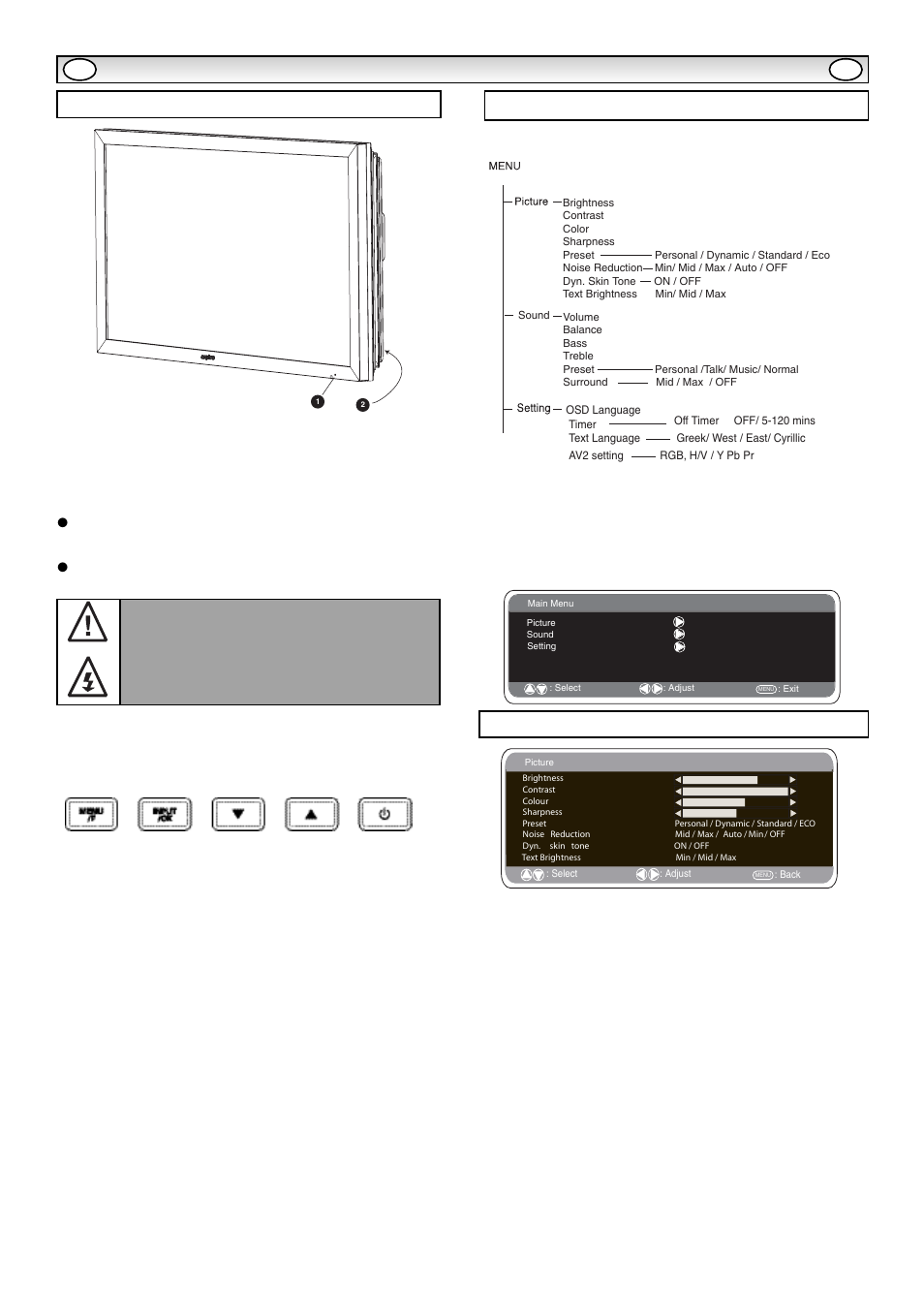 Inst, Inst alla alla tion tion, Controls and menus | Picture menu, Menu operation, Menu/f button, Input/ ok button: s, Buttons, 4button | Sanyo CE32LM5R User Manual | Page 7 / 68