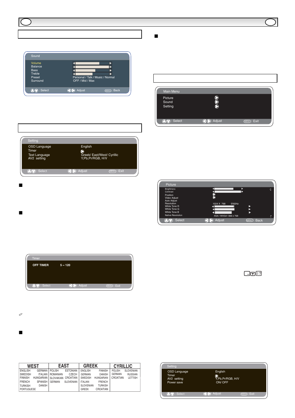 Menu opera, Menu opera tion tion, Setting menu | Pc menu settings, Sound menu, Osd language, Off-timer setting, Text language, Av2 setting, Ts e w | Sanyo CE32LM5R User Manual | Page 8 / 68