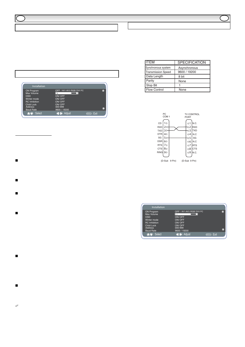 Pc opera, Installation menu rs232c settings, Pc menu settings | Sanyo CE32LM5R User Manual | Page 9 / 68