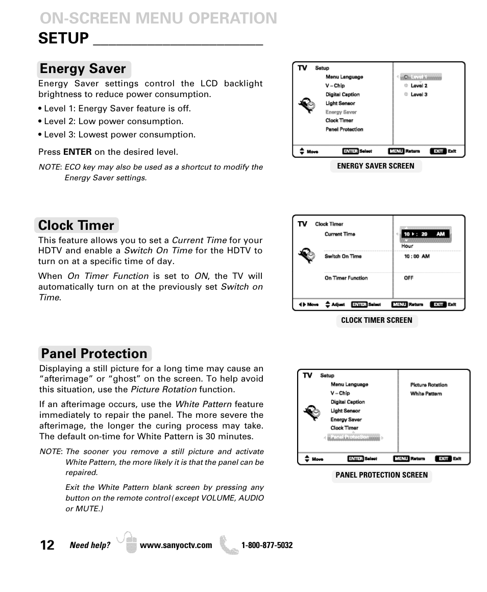 On-screen menu operation setup, Clock timer, Panel protection | Energy saver | Sanyo DP42740 User Manual | Page 12 / 48