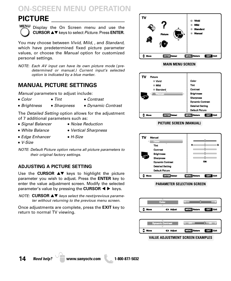 Manual picture settings | Sanyo DP42740 User Manual | Page 14 / 48
