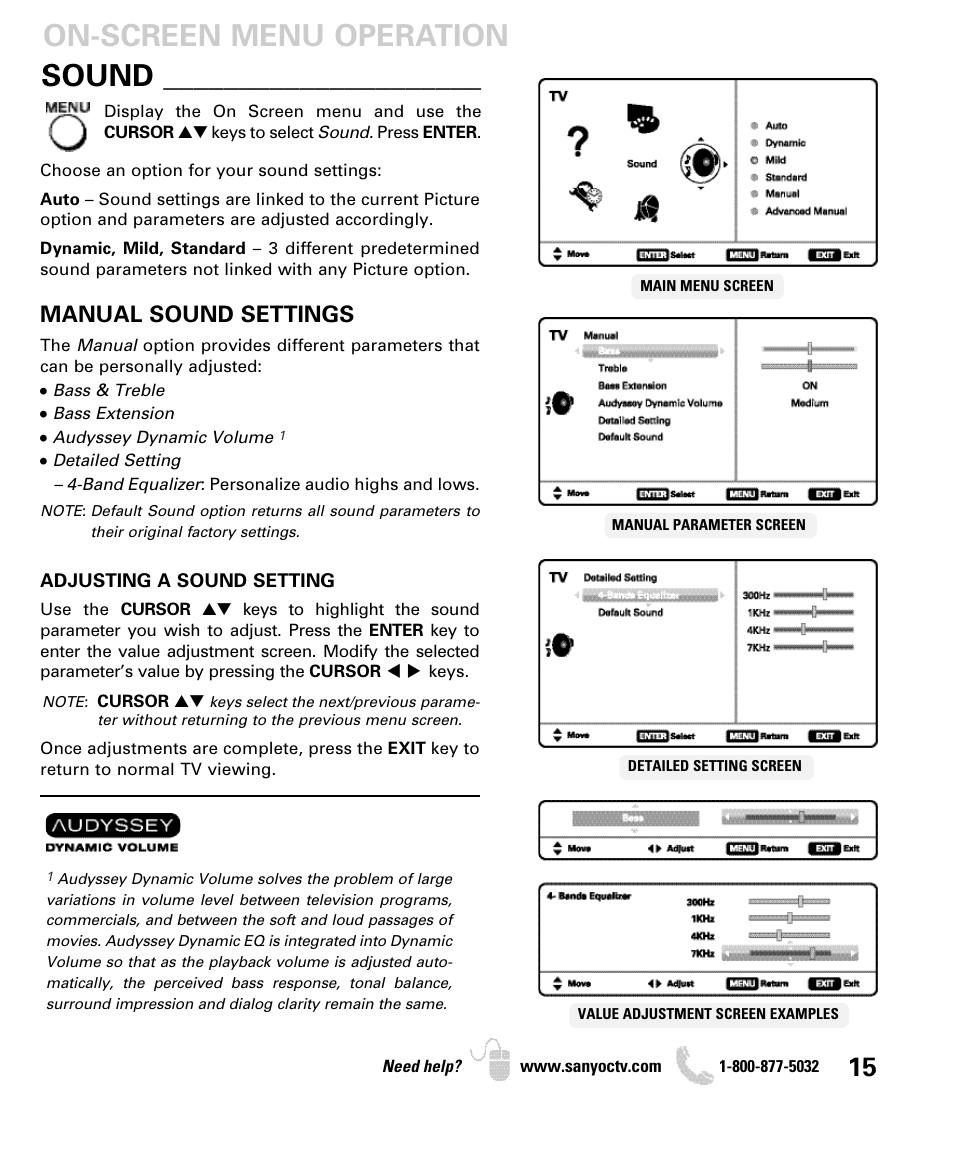 Sound, On-screen menu operation, Manual sound settings | Sanyo DP42740 User Manual | Page 15 / 48