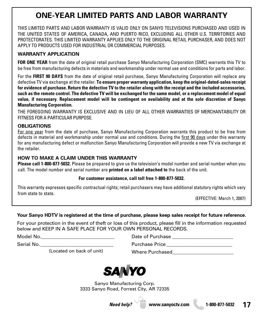 One-year limited parts and labor warranty | Sanyo DP42740 User Manual | Page 17 / 48