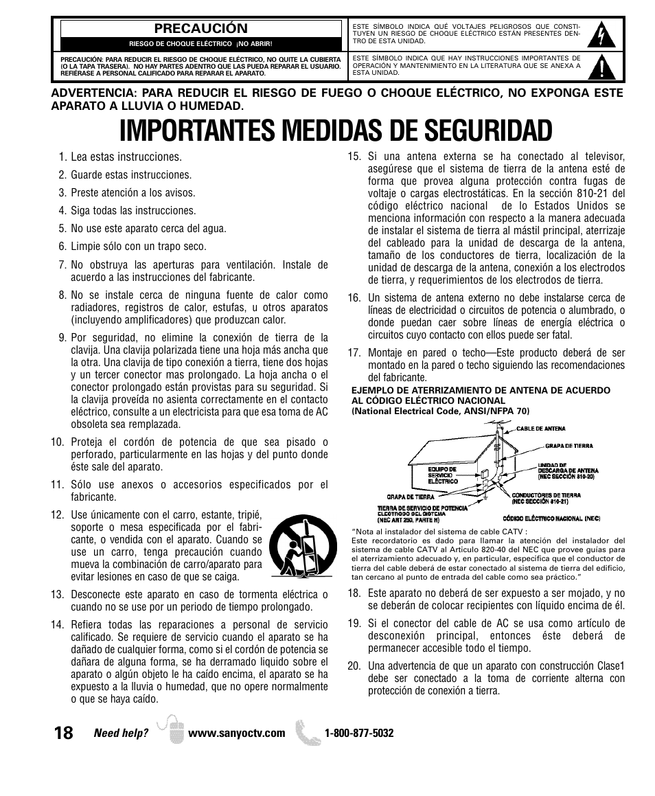 Importantes medidas de seguridad | Sanyo DP42740 User Manual | Page 18 / 48