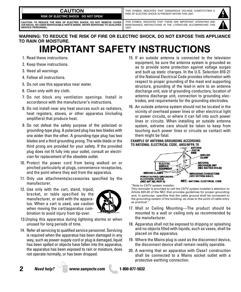Important safety instructions | Sanyo DP42740 User Manual | Page 2 / 48