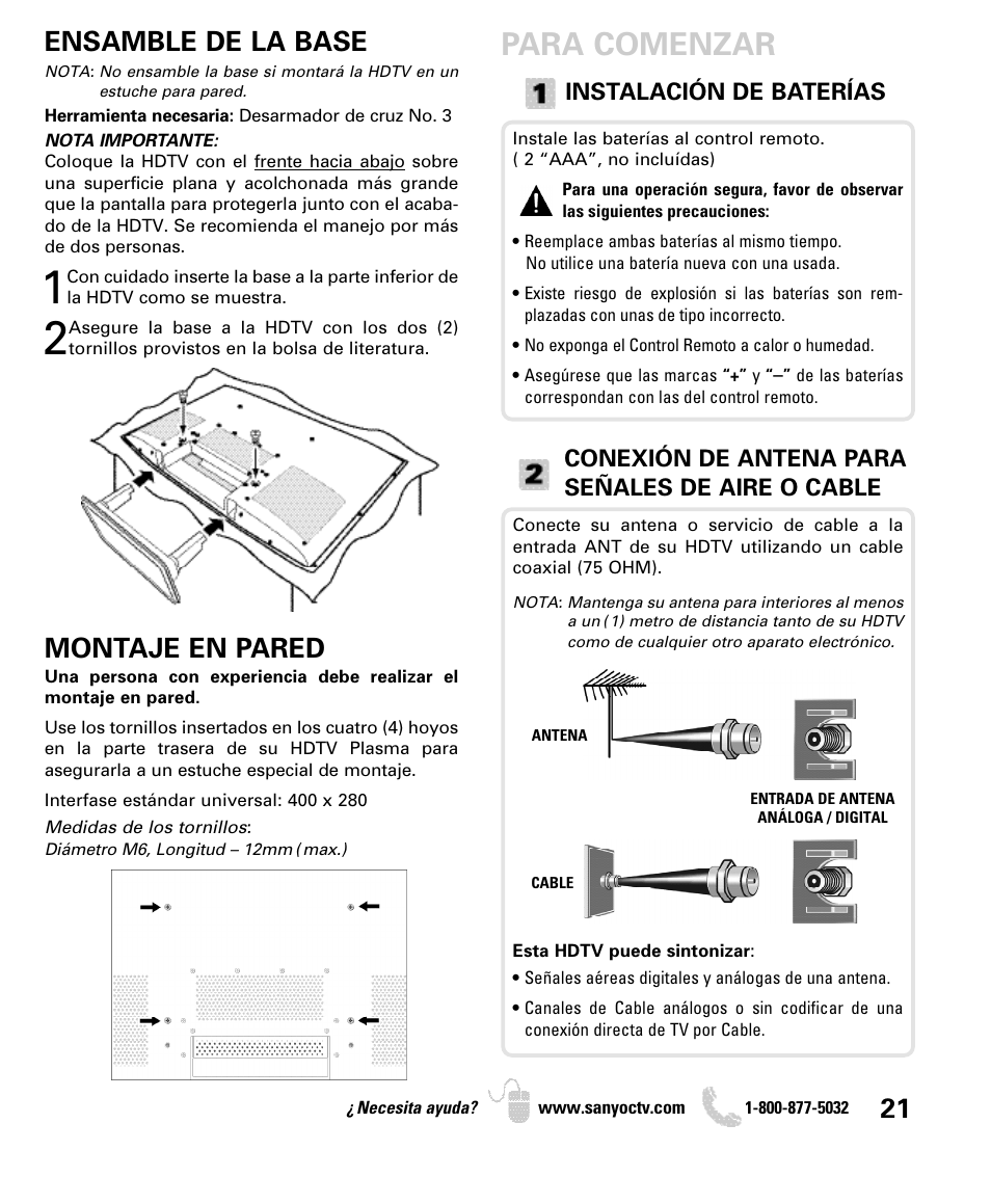 Para comenzar, Ensamble de la base, Montaje en pared | Sanyo DP42740 User Manual | Page 21 / 48