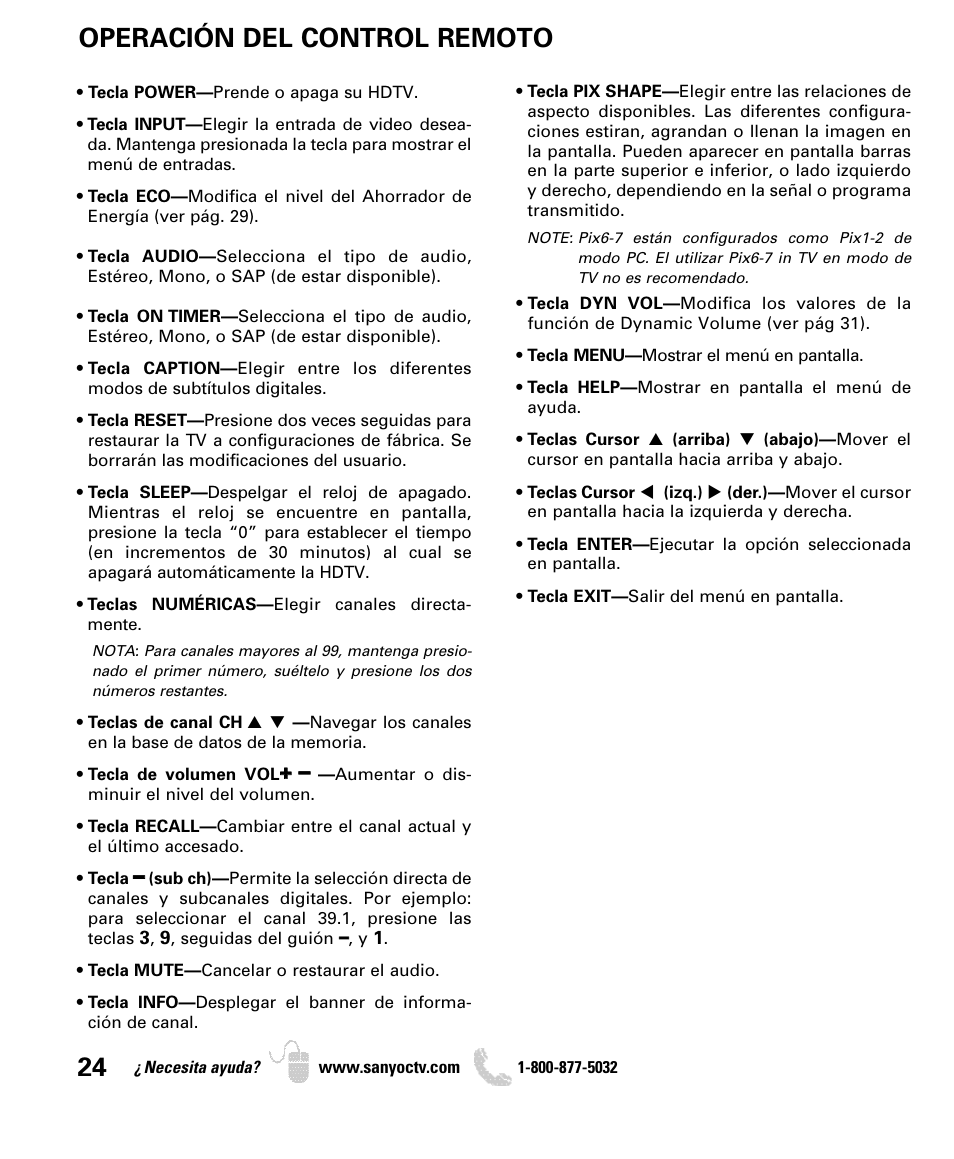 Operación del control remoto | Sanyo DP42740 User Manual | Page 24 / 48