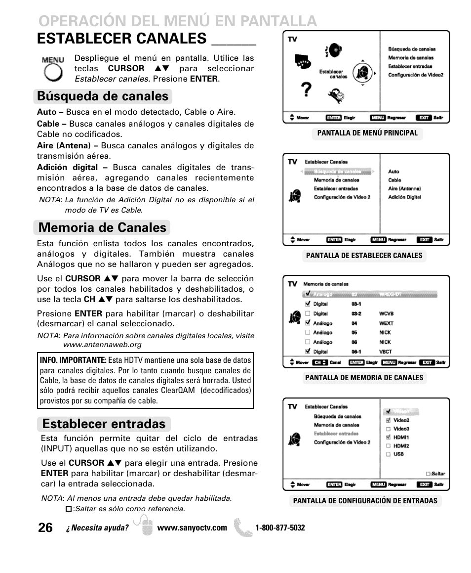 Operación del menú en pantalla, Establecer canales, Búsqueda de canales | Establecer entradas | Sanyo DP42740 User Manual | Page 26 / 48
