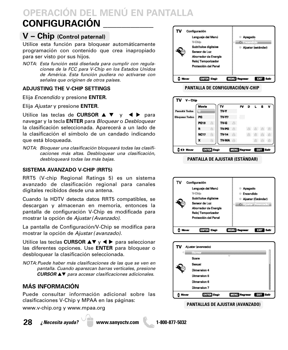 Configuración, Operación del menú en pantalla, V – chip | Sanyo DP42740 User Manual | Page 28 / 48