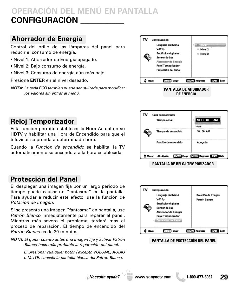 Reloj temporizador, Protección del panel, Ahorrador de energía | Sanyo DP42740 User Manual | Page 29 / 48