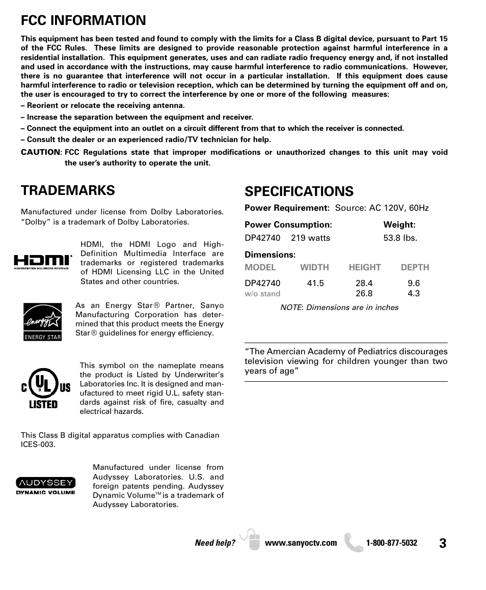 Fcc information, Specifications, Trademarks | Sanyo DP42740 User Manual | Page 3 / 48