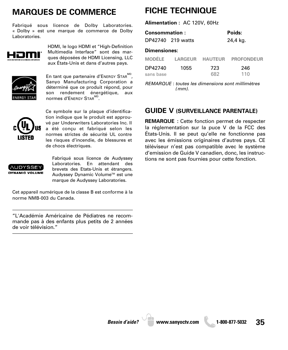 Marques de commerce fiche technique, Guide v | Sanyo DP42740 User Manual | Page 35 / 48