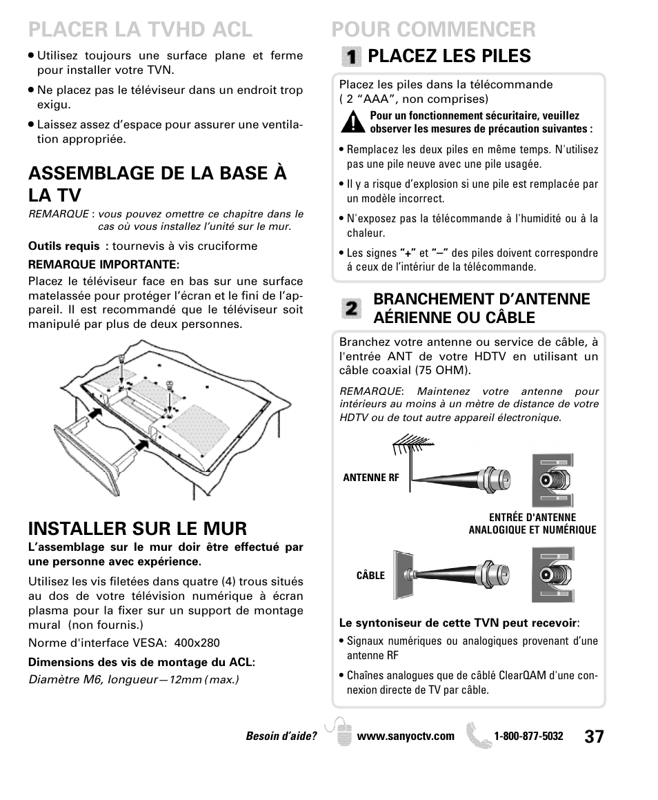 Pour commencer, Placer la tvhd acl, Placez les piles | Assemblage de la base à la tv, Installer sur le mur, Branchement d’antenne aérienne ou câble | Sanyo DP42740 User Manual | Page 37 / 48