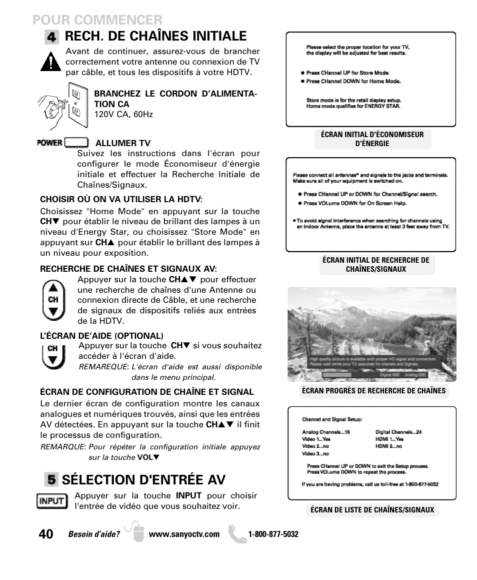 Pour commencer rech. de chaînes initiale, Sélection d'entrée av | Sanyo DP42740 User Manual | Page 40 / 48