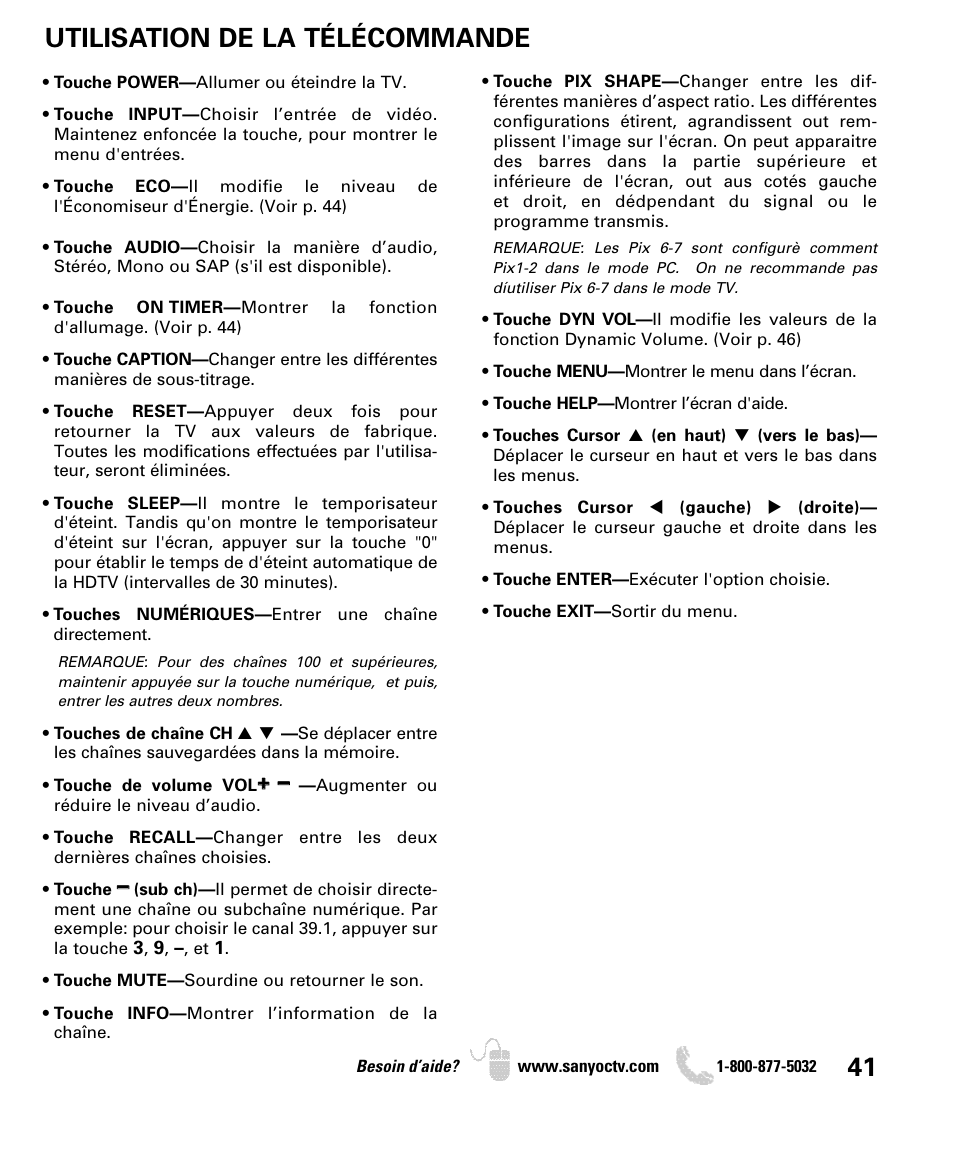 Utilisation de la télécommande | Sanyo DP42740 User Manual | Page 41 / 48