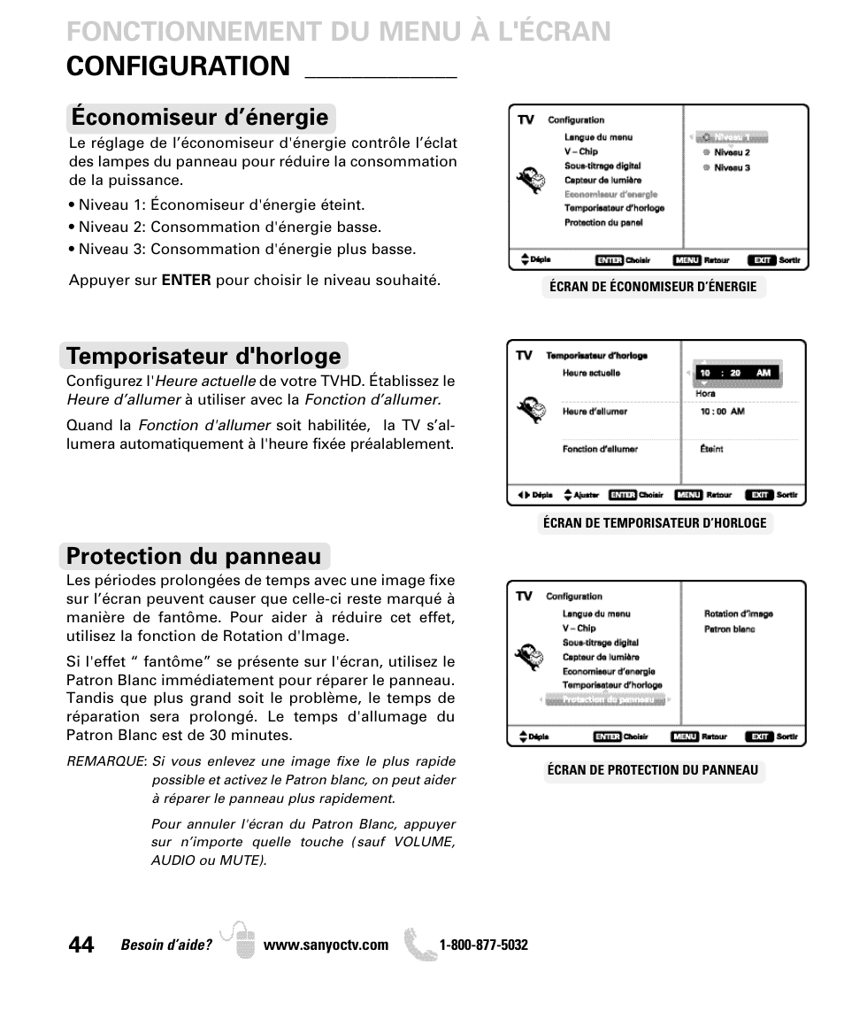 Fonctionnement du menu à l'écran configuration, Temporisateur d'horloge, Protection du panneau | Économiseur d’énergie | Sanyo DP42740 User Manual | Page 44 / 48
